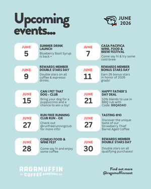 Upcoming Events Calendar for June 2026 at Ragamuffin Coffee Roasters